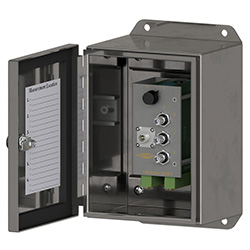 A render of a CTC TSB2000 stainless steel, modular switch box shown with cover unlatched.